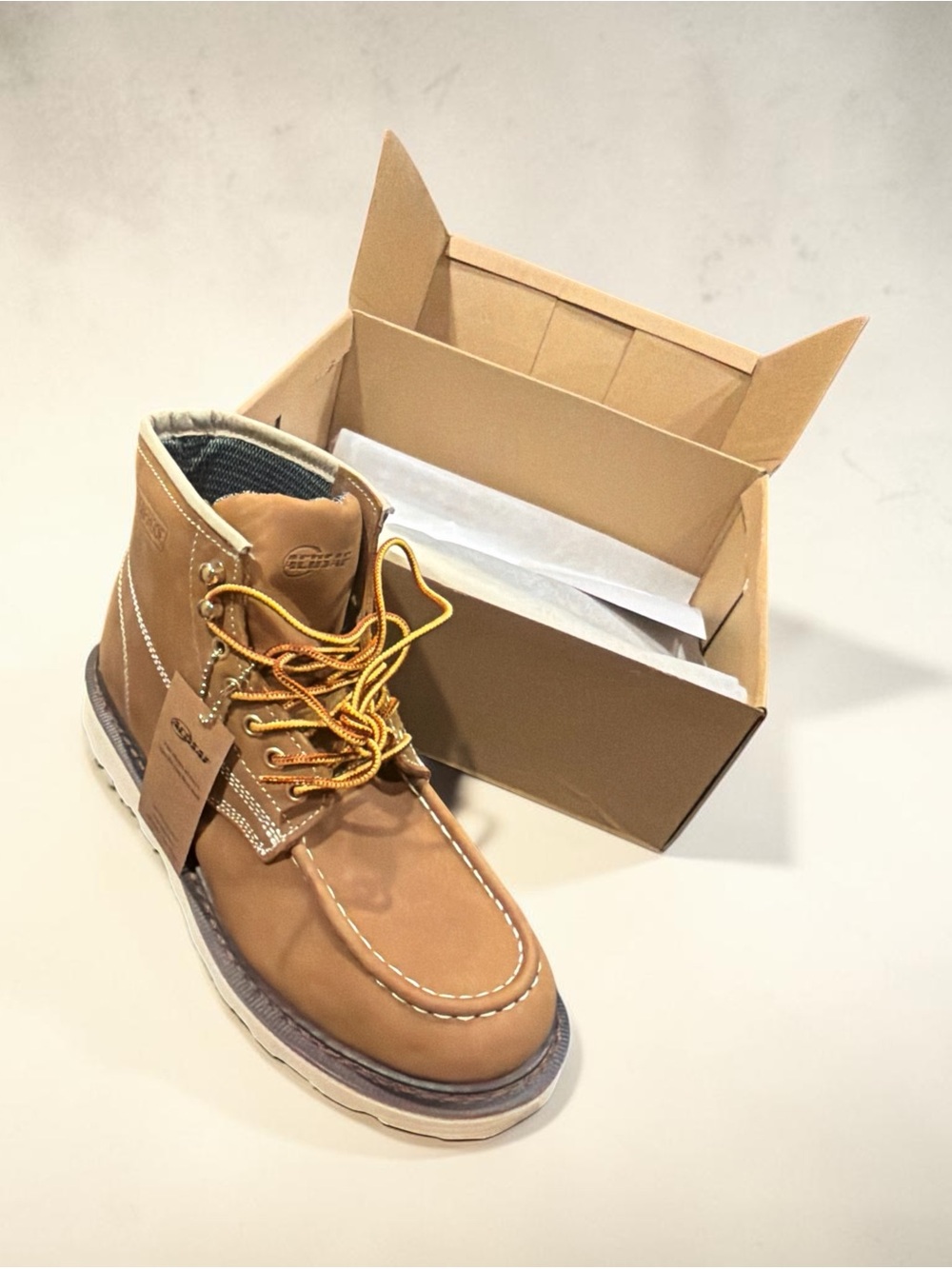 Men's Tan Moc Toe Work Boot with Cushioned Support